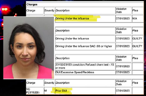 Court record showing Driving Under the Influence charges with a guilty plea, next to Clarissa Cervantes’ booking photo